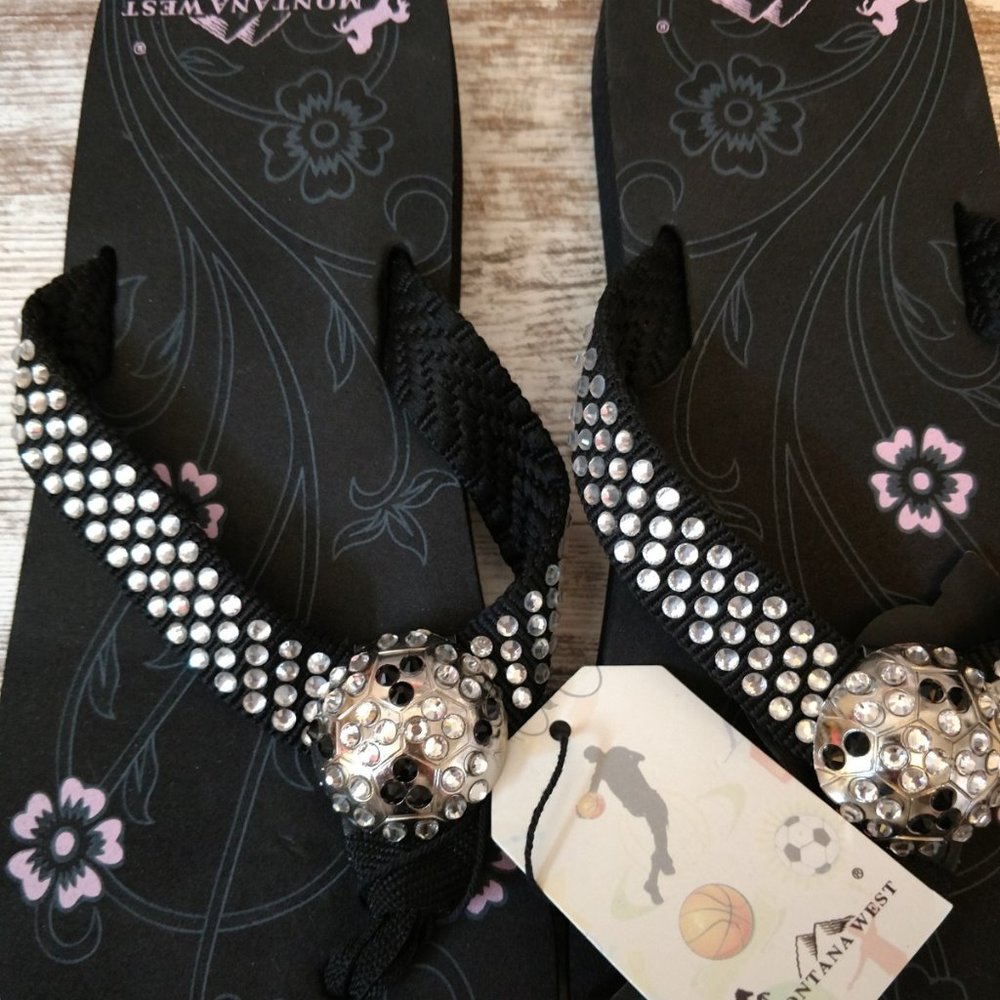 Montana West Black Rhinestone Soccer Flip Flops